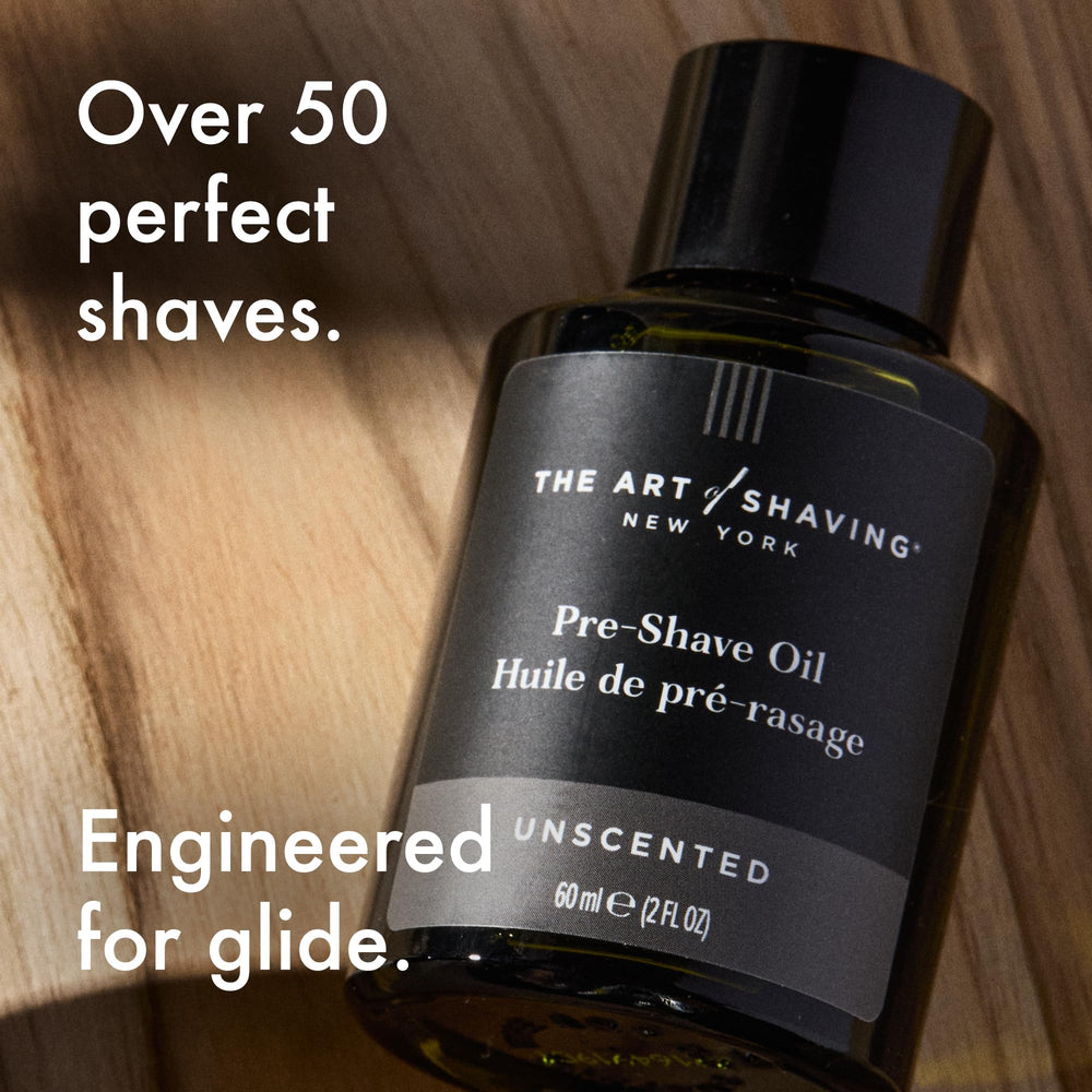 The Art of Shaving Unscented Pre-Shave Oil bottle emphasizes skin softness.