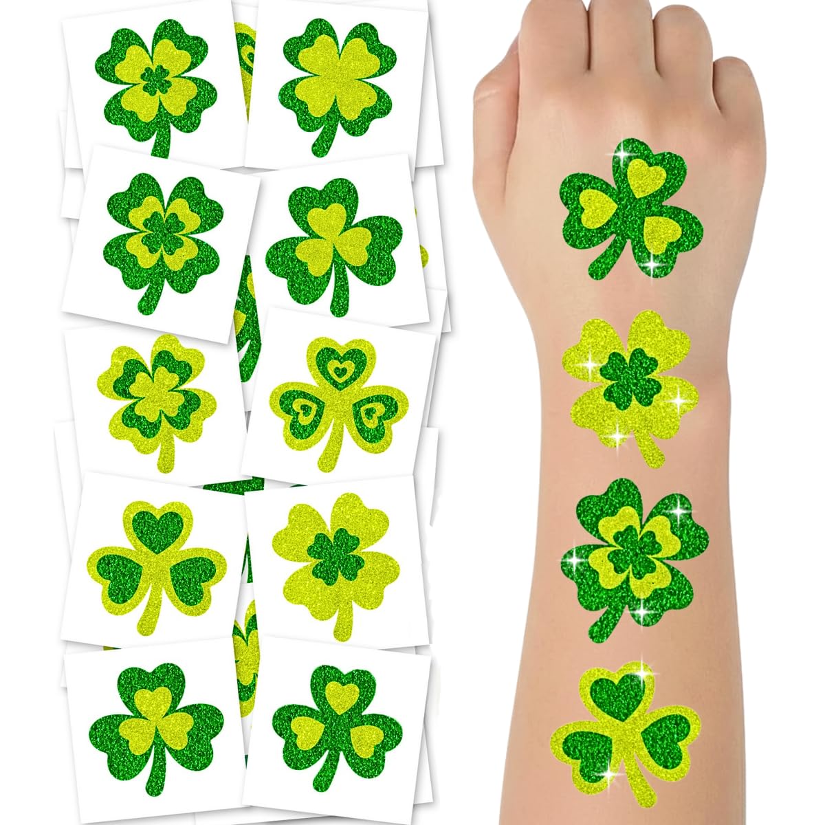 ArtCreativity tatuajes temporales brillo trébol, 50 piezas, ideales para fiestas.