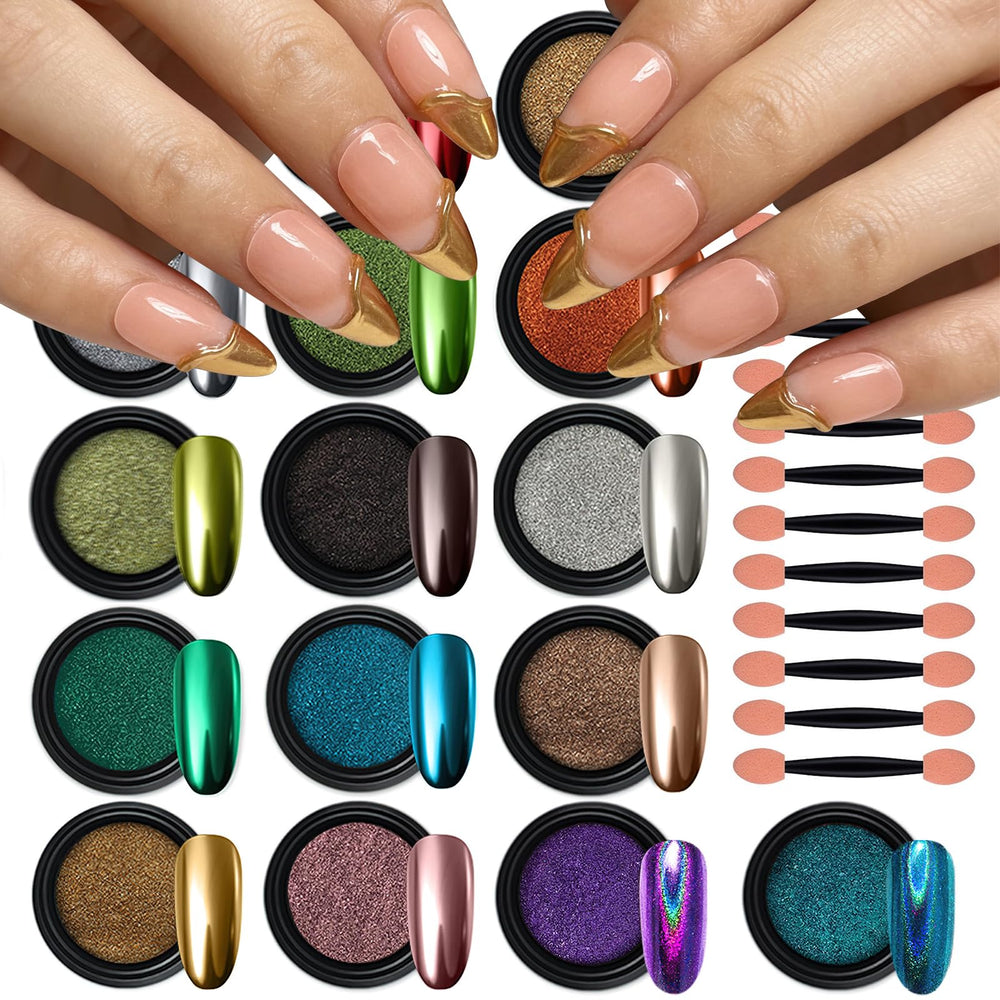 Artdone 16-color chrome nail powder bottle showing chrome shine on gel nails