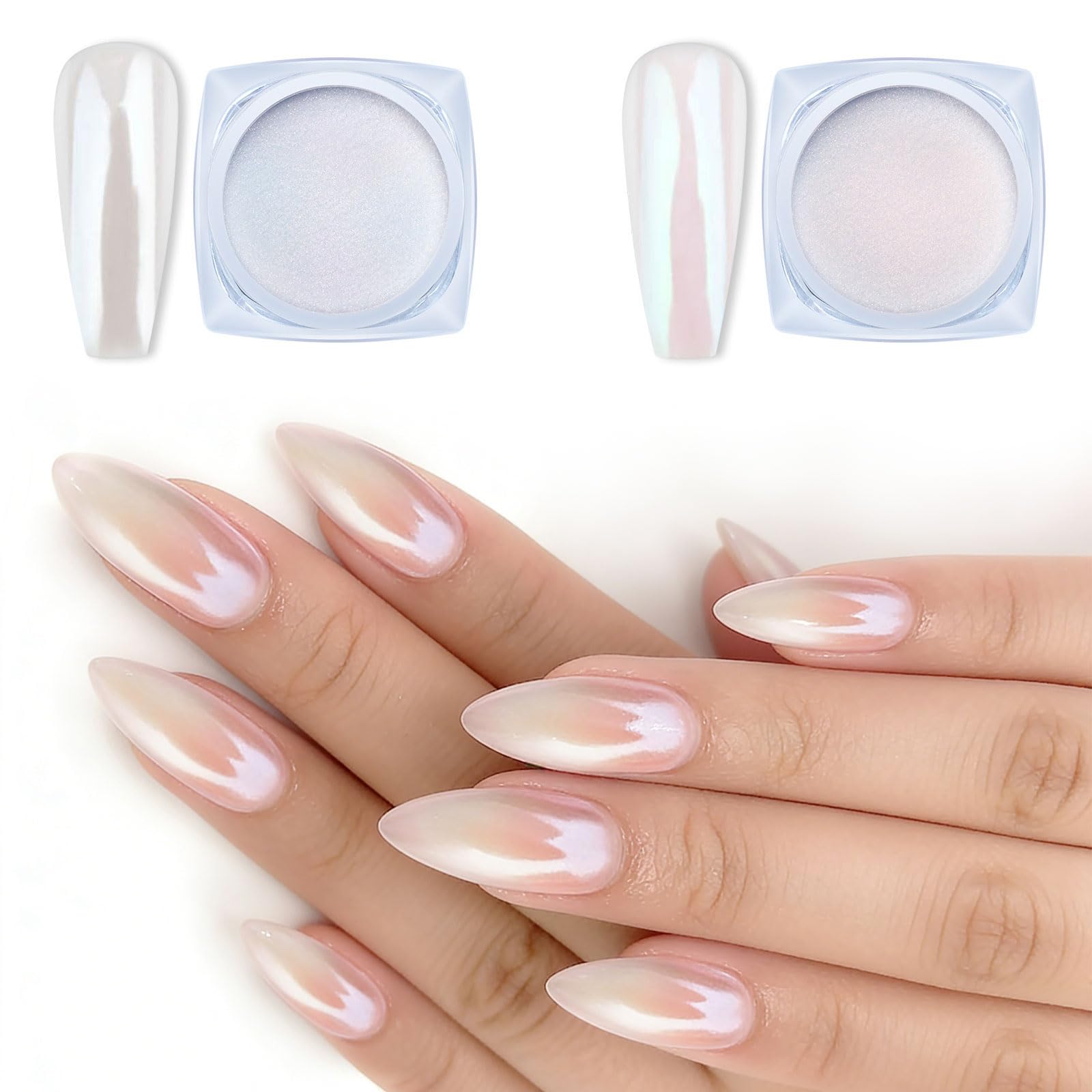 Artdone chrome nail powder white jar for pearl glow on gel nails.
