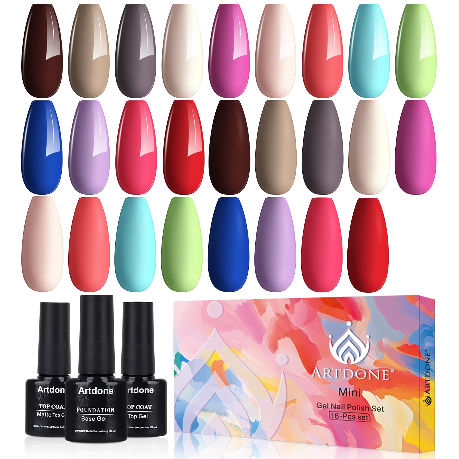 Artdone gel nail polish set with sixteen colors for versatile home manicures.