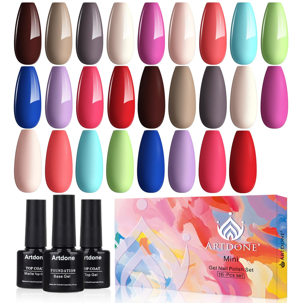 Artdone gel nail polish set with sixteen colors for versatile home manicures.