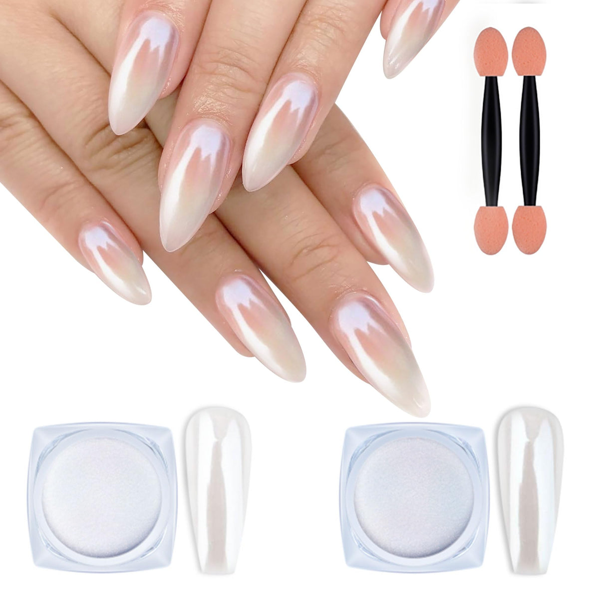 Artdone white pearl chrome powder front view showing the two jars for mirror finish nails.
