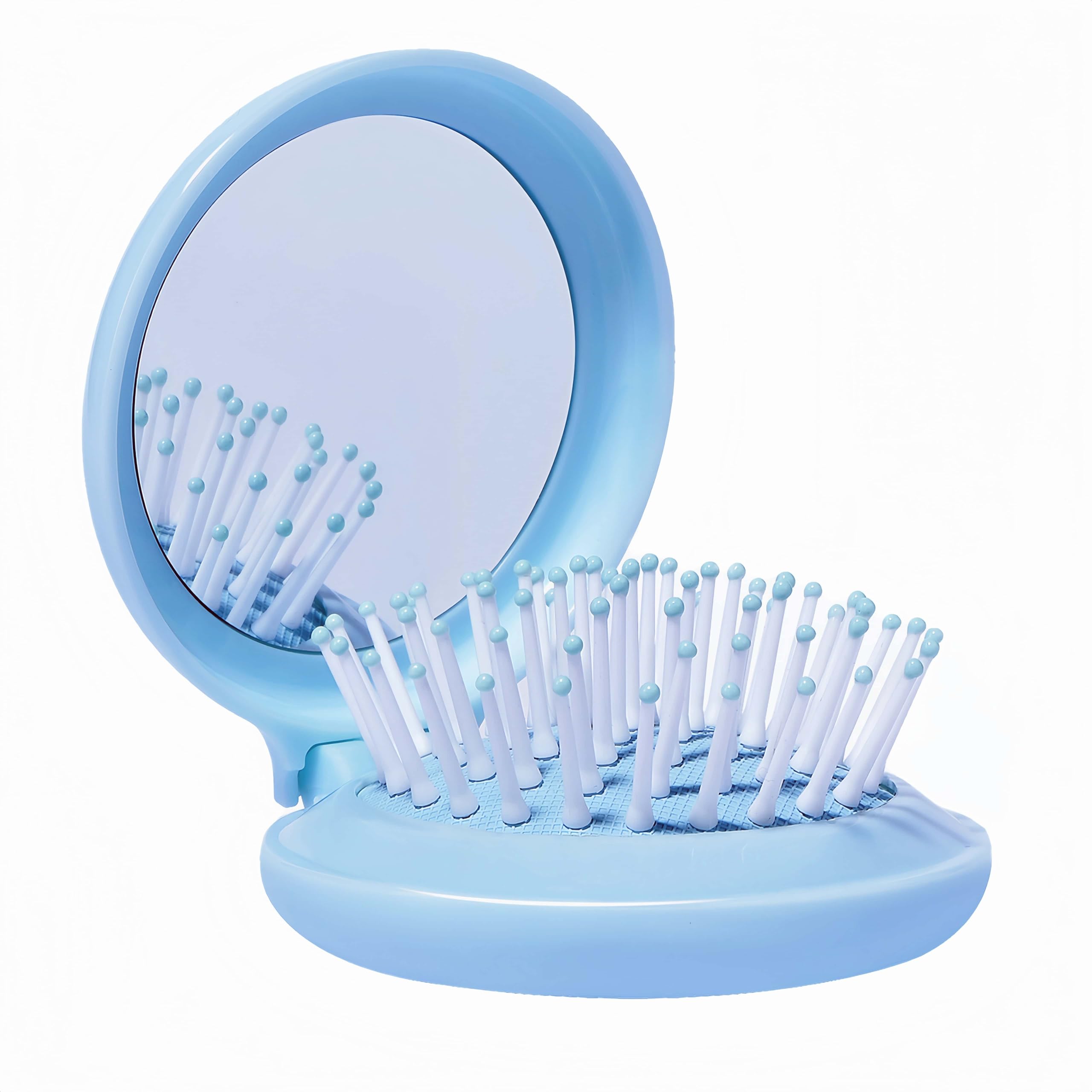 Arthaxi travel hairbrush and mirror blue folded compact in a purse for on-the-go styling.