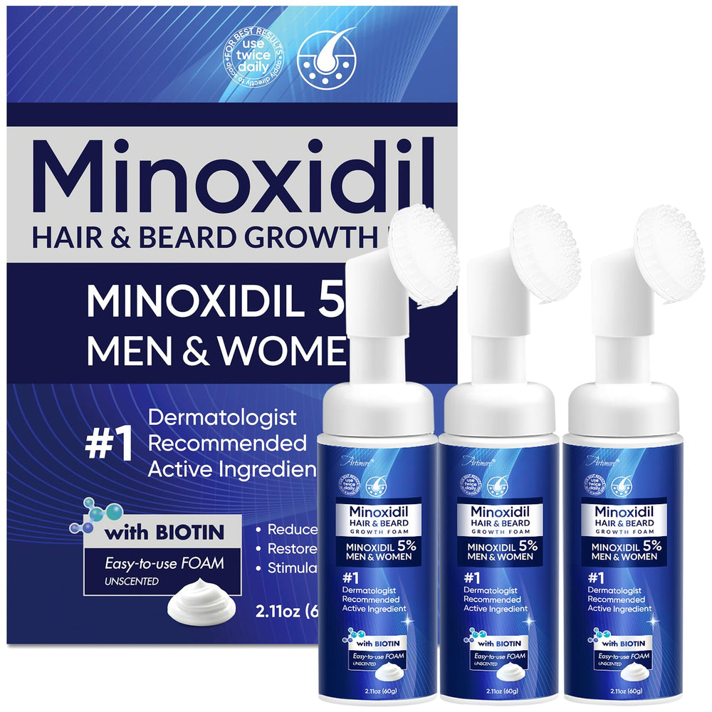 Artimore 5% Minoxidil Foam bottle shown for scalp use and potential regrowth support