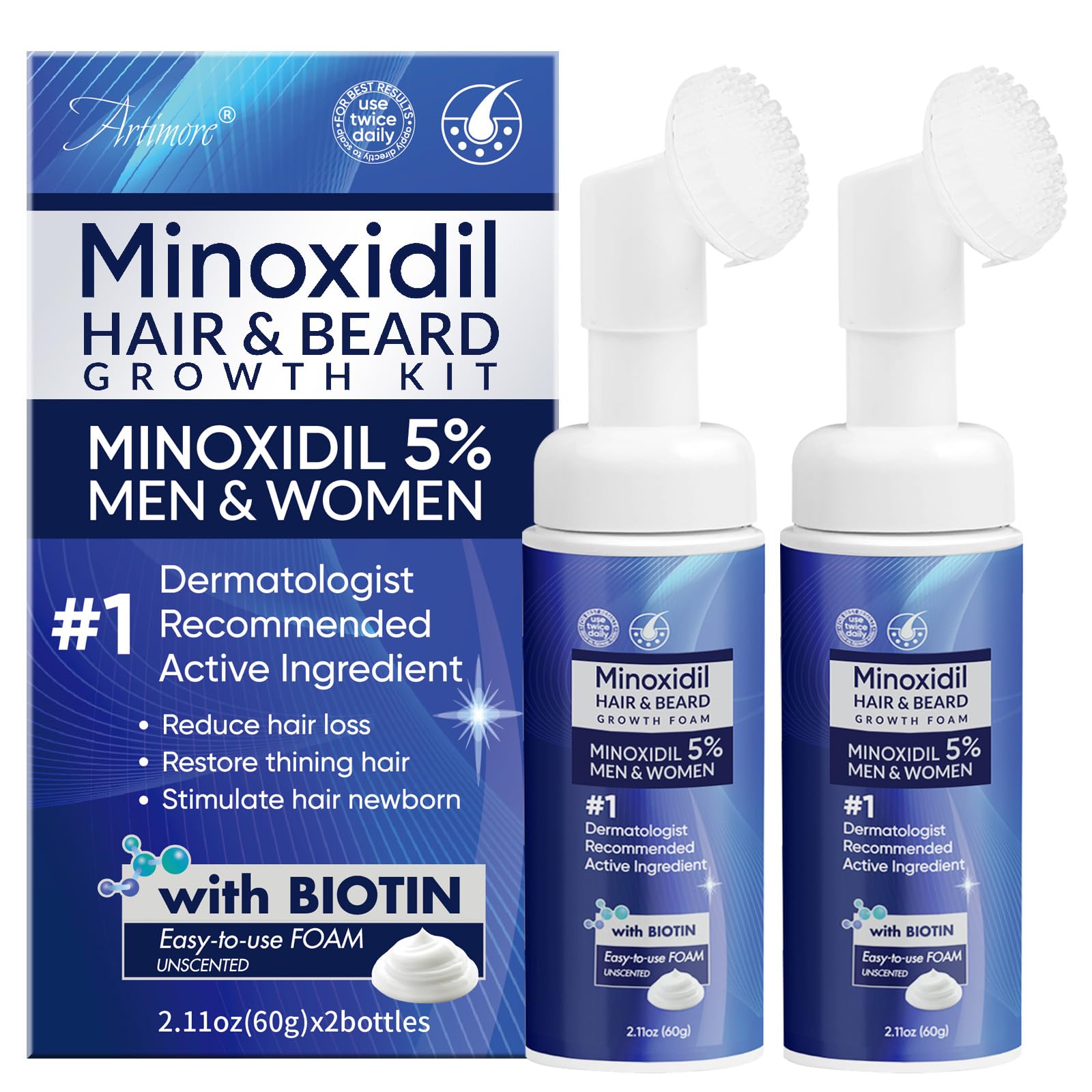Artimore 5% Minoxidil Foam bottle for daily scalp treatment and growth support