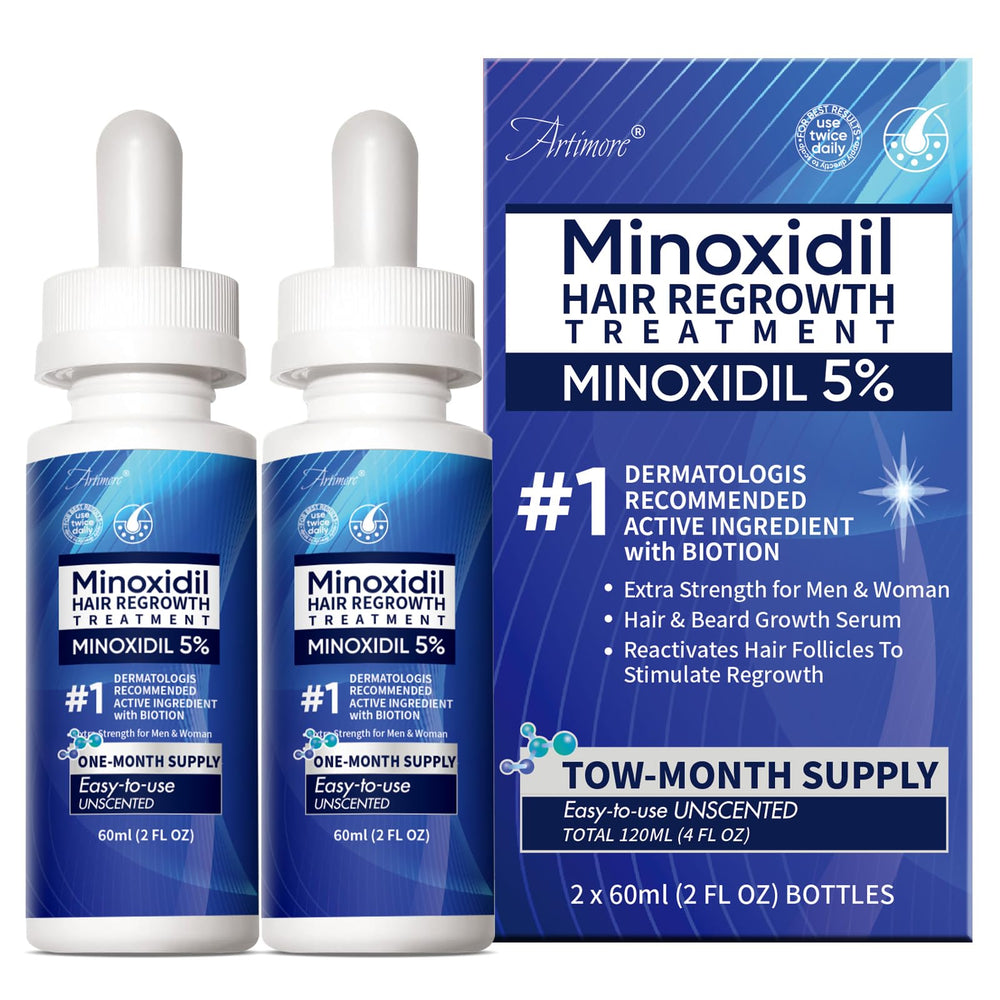 Artimore 5% Minoxidil bottle showing the extra-strength formula for scalp care