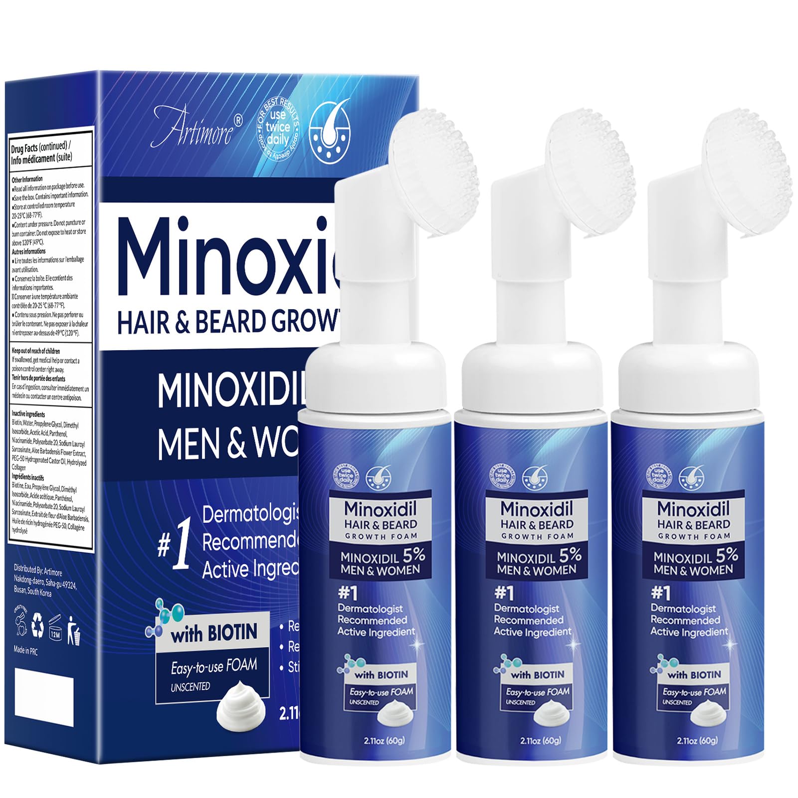 Artimore Minoxidil Foam ready for twice-daily application and potential hair support