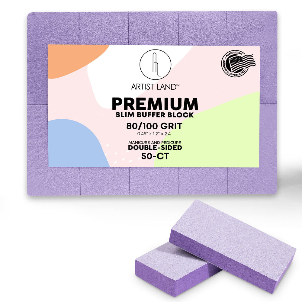 Artist Land slim purple buffer blocks with front view for quick nail prep