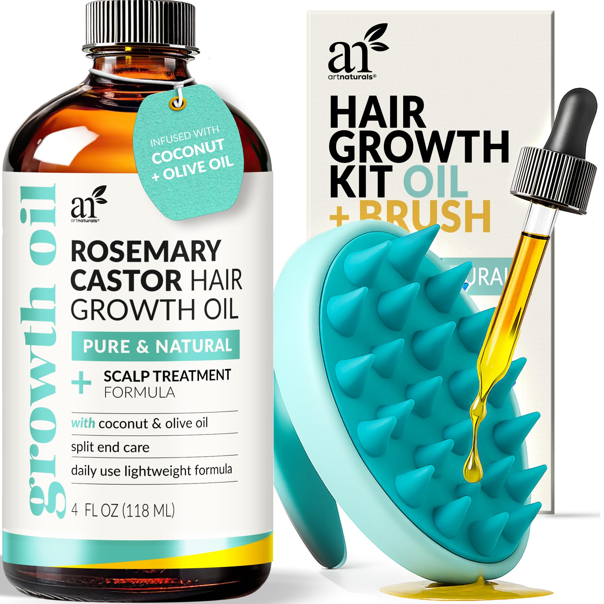 Artnaturals aceite para cabello romero y ricino en botella; fomenta crecimiento y nutrición.
