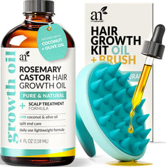 Artnaturals aceite para cabello romero y ricino en botella; fomenta crecimiento y nutrición.