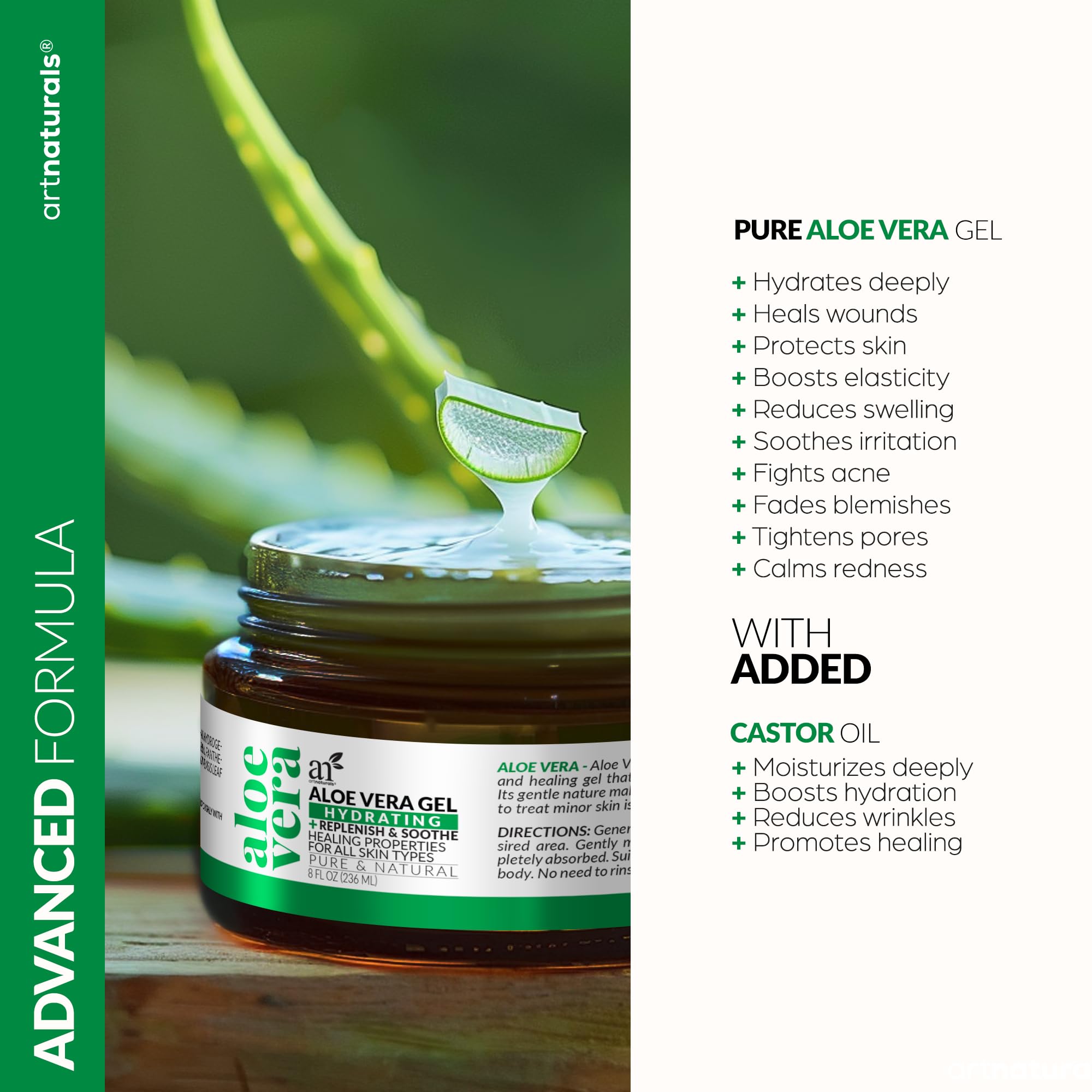 Artnaturals Aloe Gel cooling relief close-up shows calming after sun exposure.