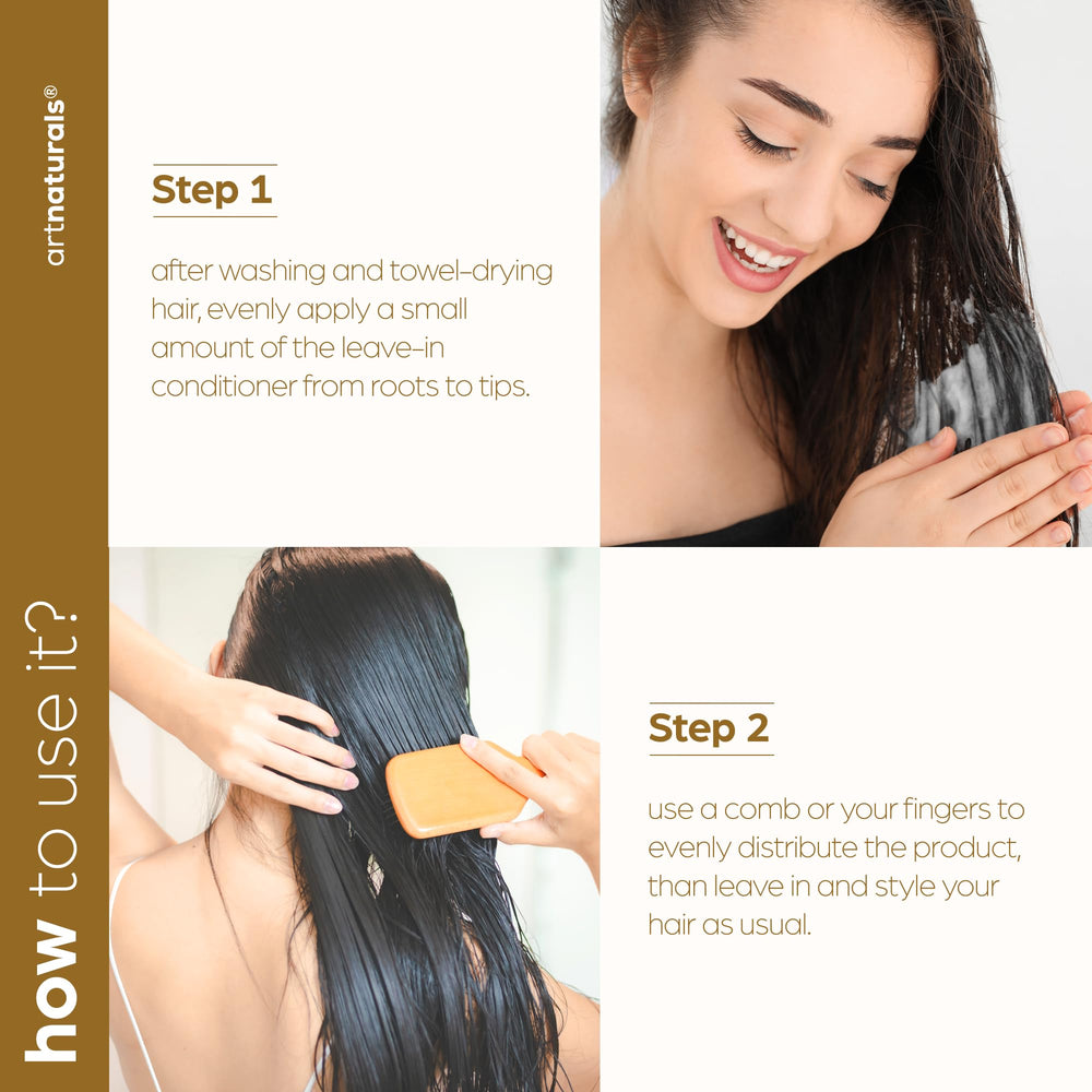 Aplicación diaria de Artnaturals para cabello liso o rizado, fácil de distribuir.