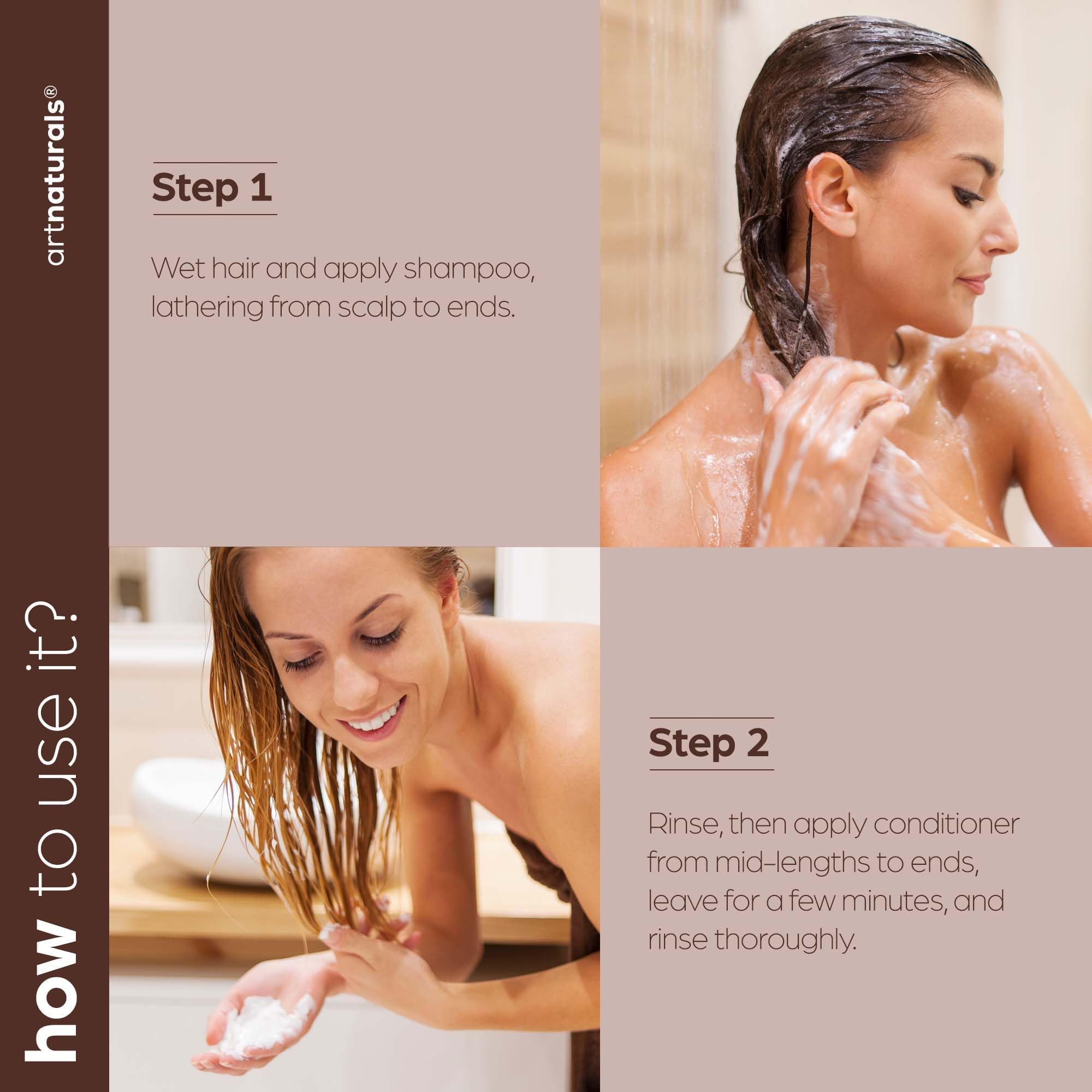 ArtNaturals hair care routine setup illustrating easy application steps.