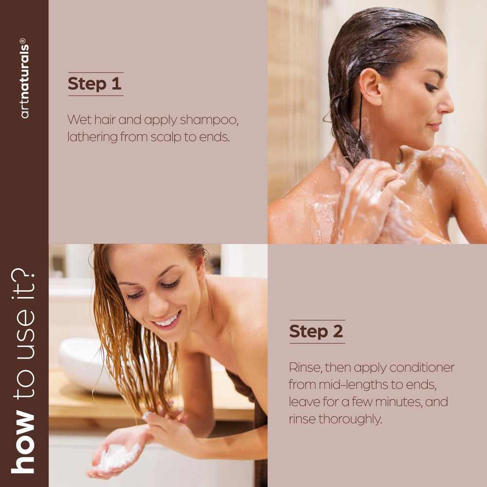 ArtNaturals hair care routine setup illustrating easy application steps.