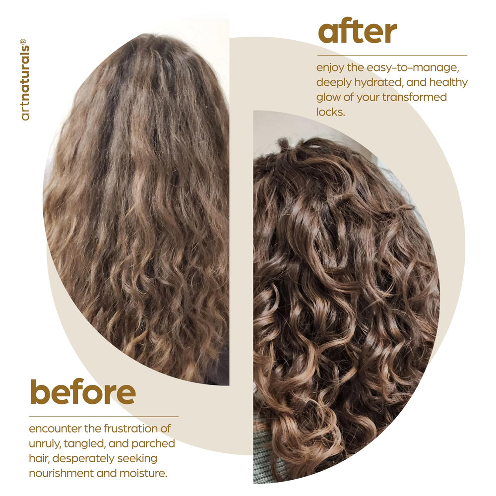 Hidratación profunda con Artnaturals, cabello suave y brillante sin grasa.