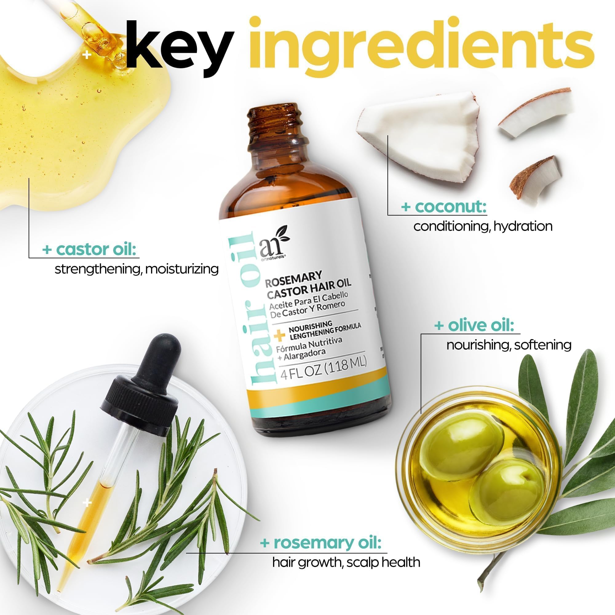 Artnaturals ingredientes romero y ricino; nutrición esencial para cabellos dañados.