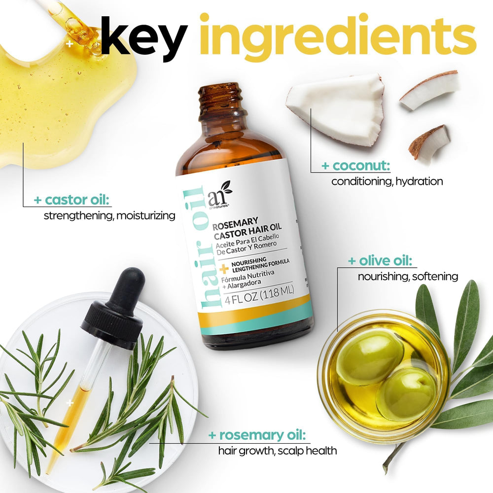 Artnaturals ingredientes romero y ricino; nutrición esencial para cabellos dañados.