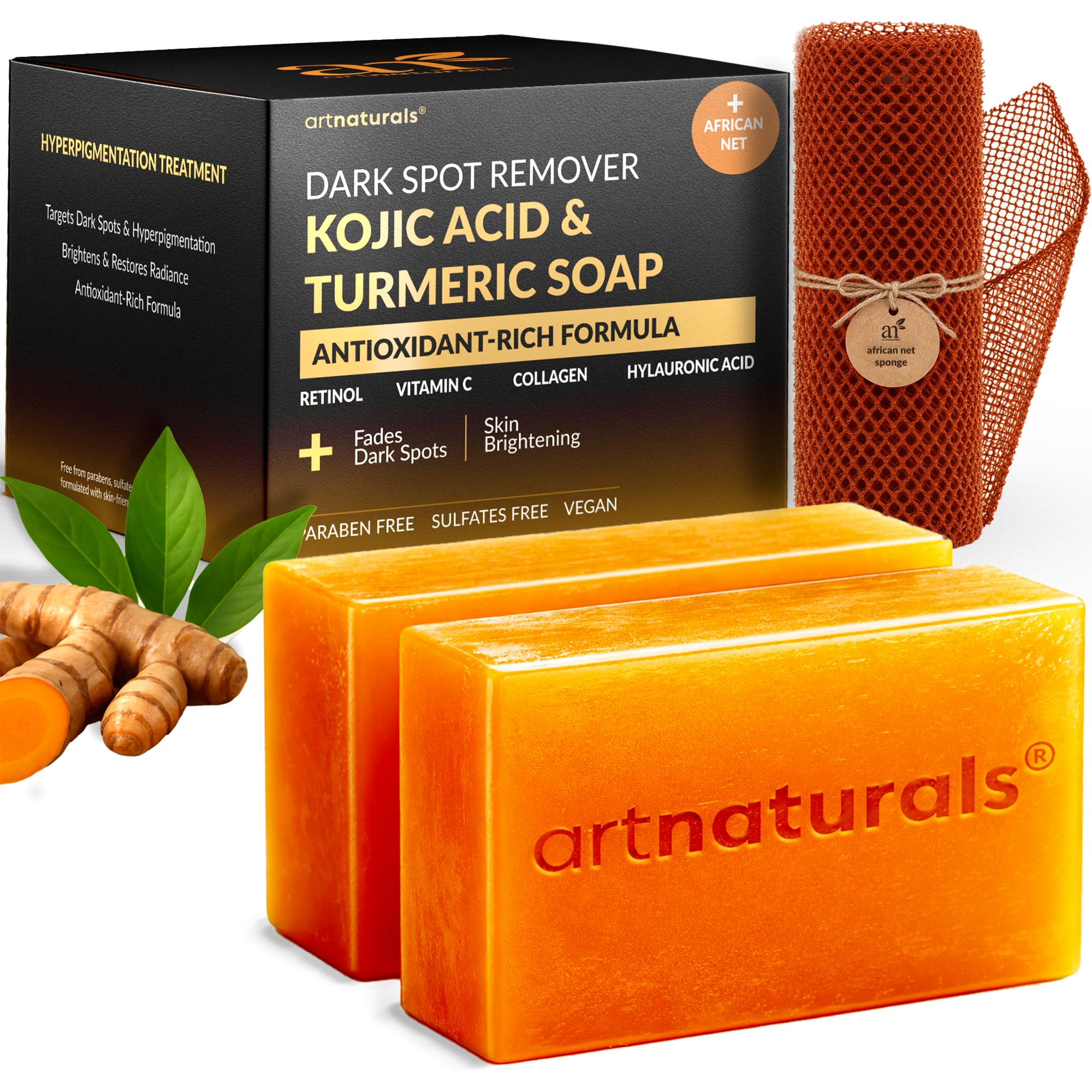 Artnaturals jabón de ácido kojico con curcuma, promueve tono uniforme y suave.