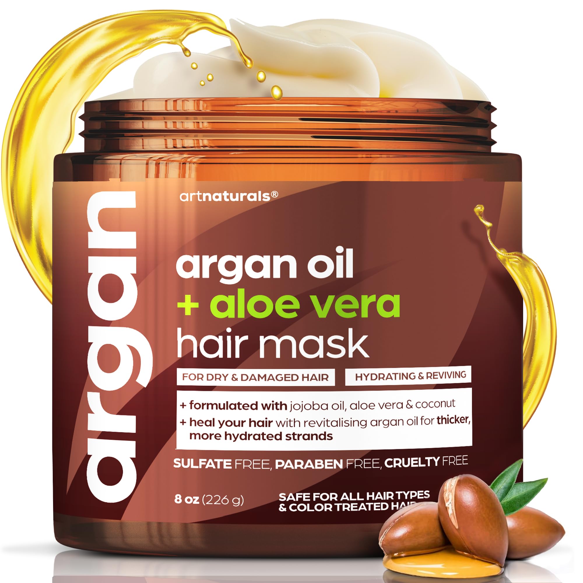 Mascarilla Artnaturals de argán para cabello: pote 8oz, hidratación profunda para cabello seco.