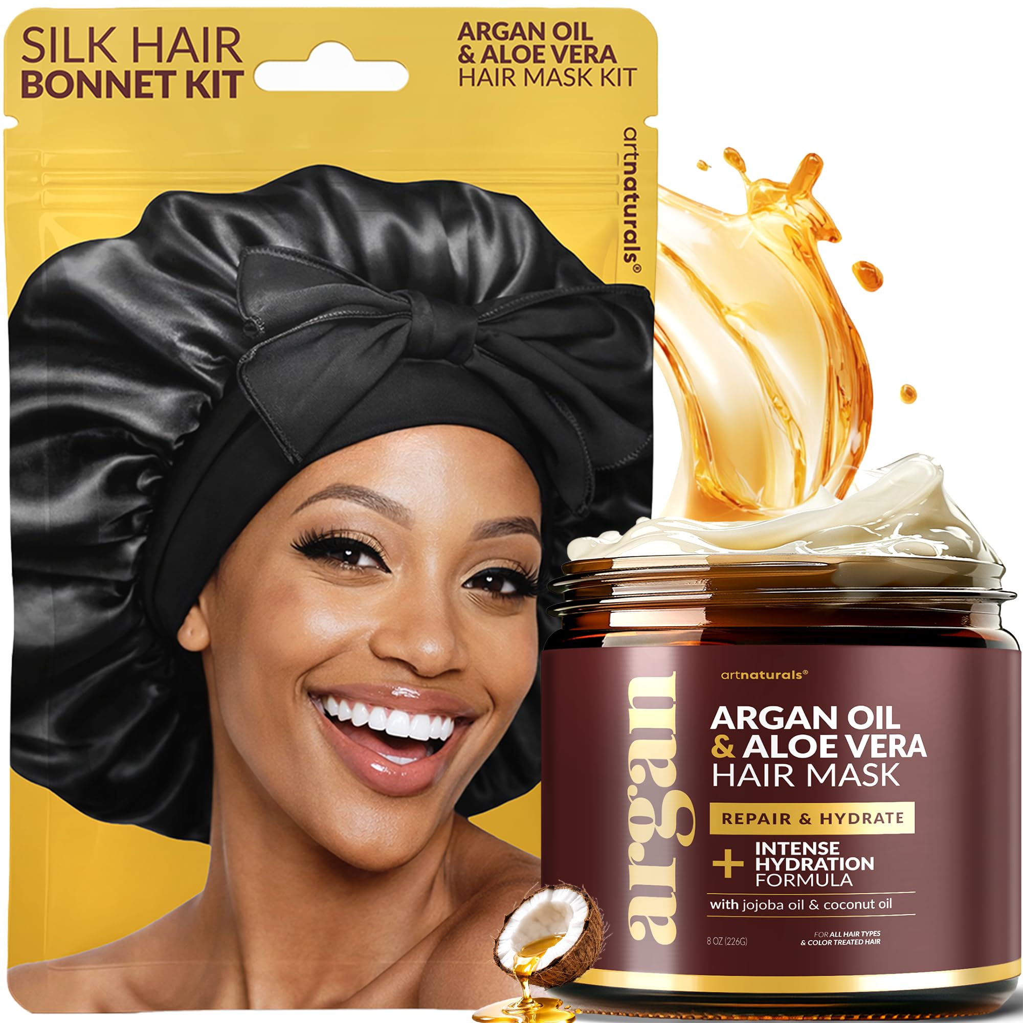 Mascarilla capilar Artnaturals con argán y jojoba para brillo y nutrición diaria.
