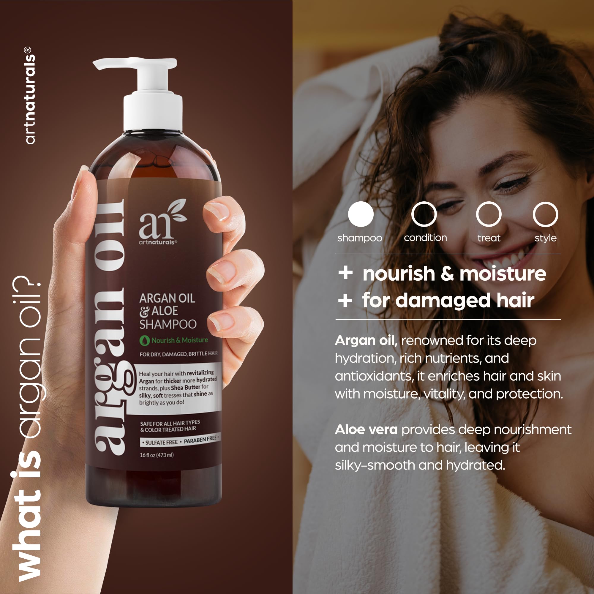 Artnaturals Shampoo Argán Marruecos: etiqueta verde que resalta fórmula natural y sin sulfatos.