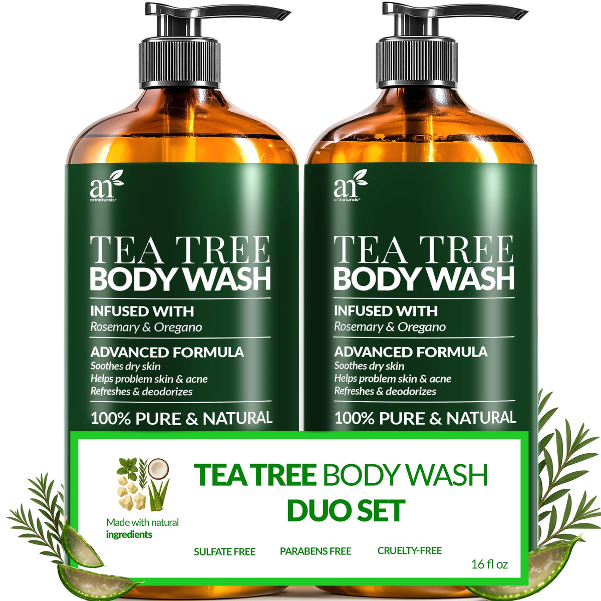Artnaturals Tea Tree Oil Body Wash bottle provides refreshing antibacterial cleansing for acne-prone skin.