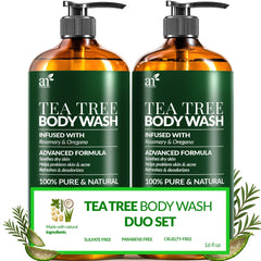 Artnaturals Tea Tree Oil Body Wash bottle provides refreshing antibacterial cleansing for acne-prone skin.