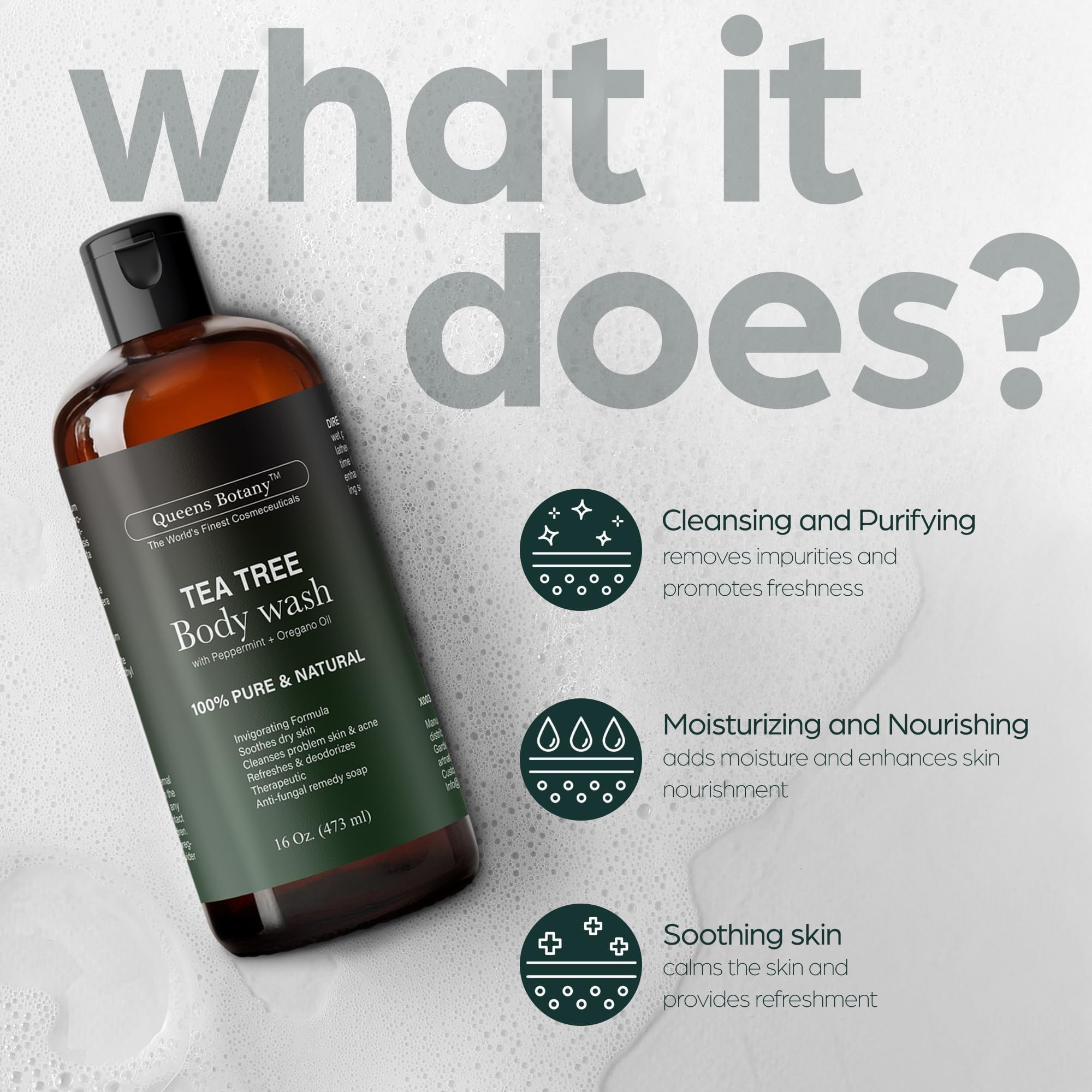 Artnaturals Tea Tree Oil Body Wash close-up highlights purifying action for smoother, cleaner skin.