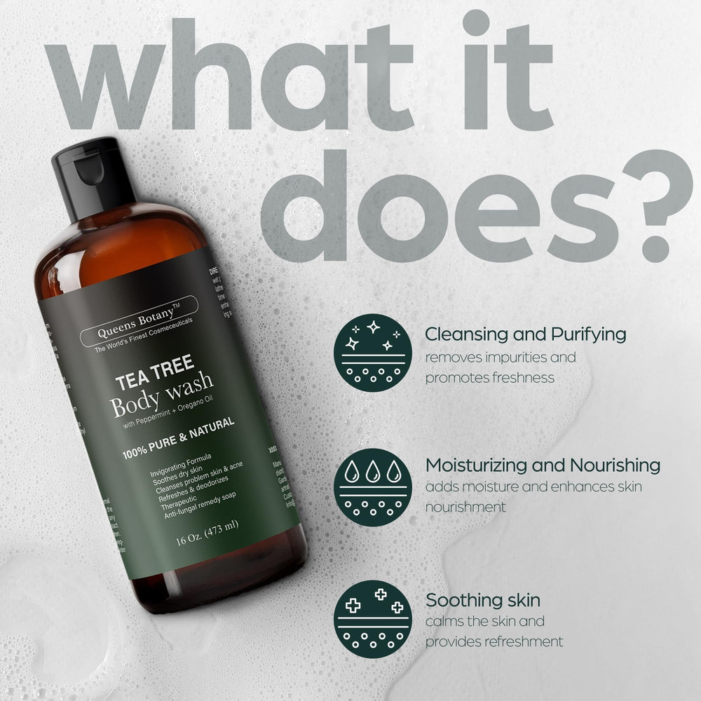 Artnaturals Tea Tree Oil Body Wash close-up highlights purifying action for smoother, cleaner skin.