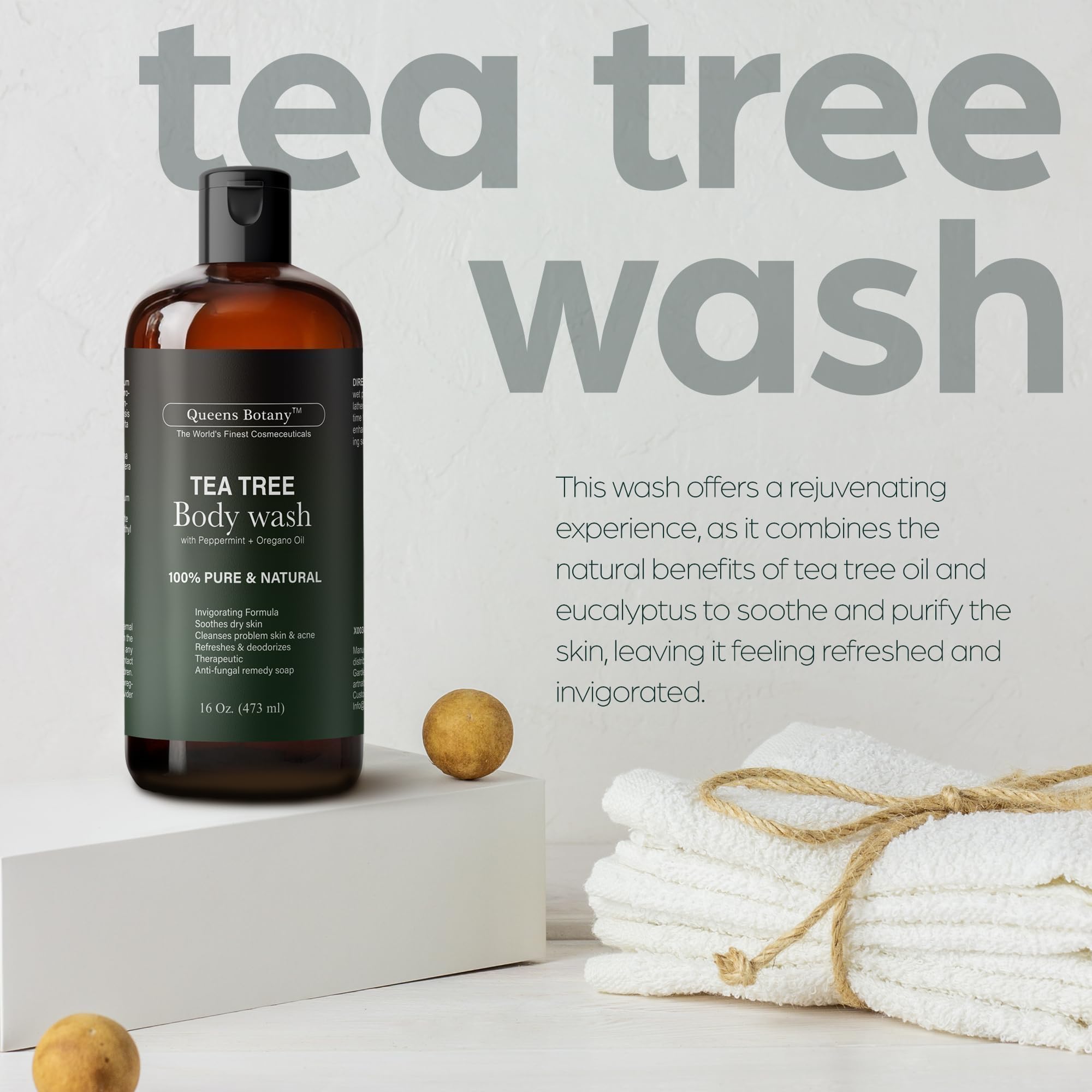 Artnaturals Tea Tree Oil Body Wash foam close-up shows rich lather for invigorating cleanse.