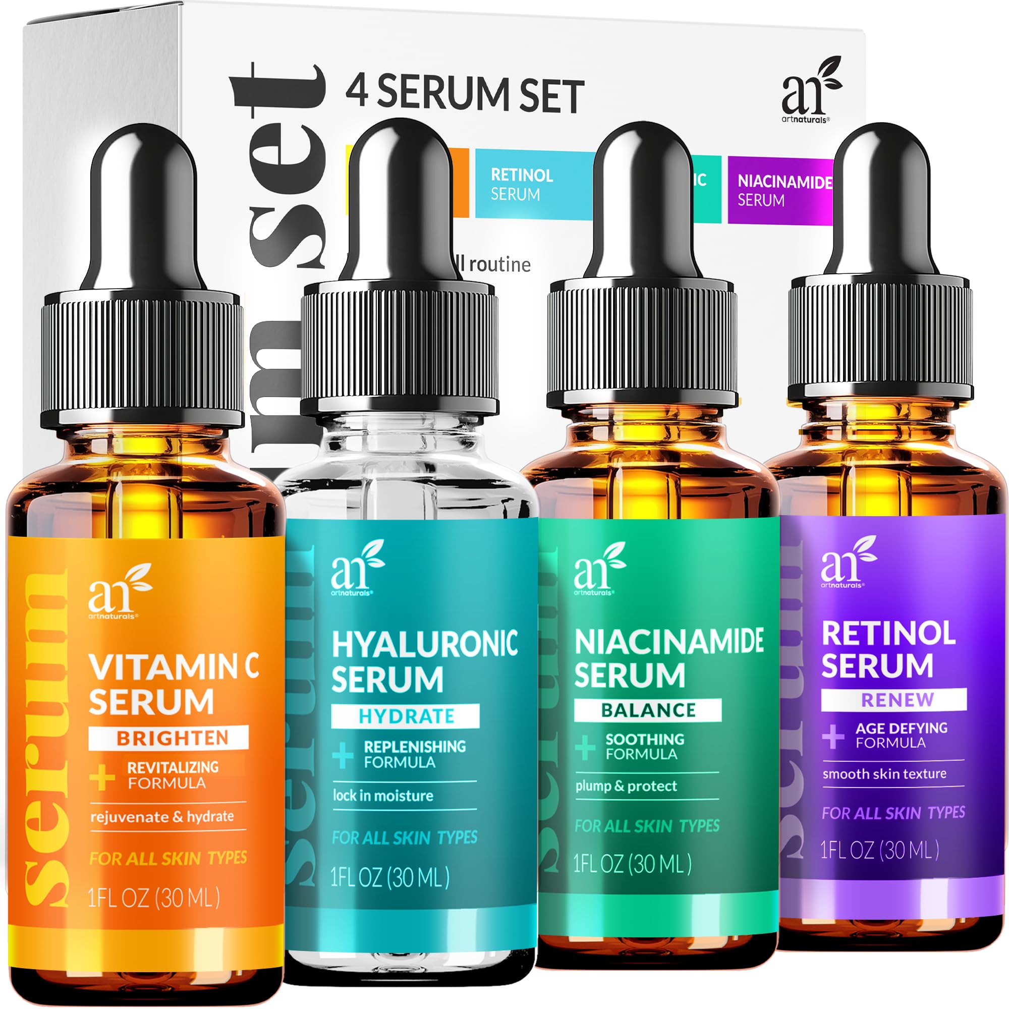 Artnaturals Vitamin C Serum Set bottle close-up highlighting brightening action for radiant skin