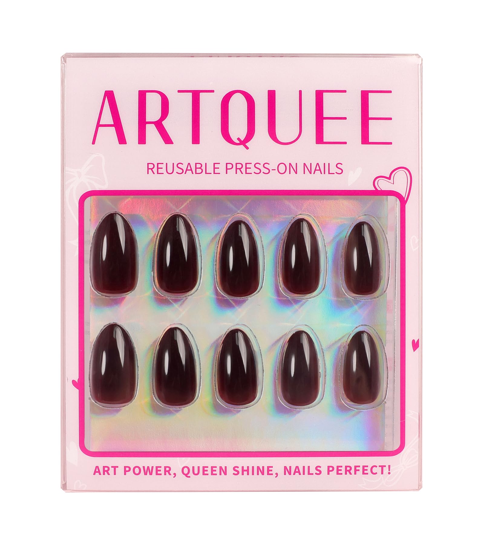 Artquee uñas cortas burdeos-almendra con brillo para ocasiones