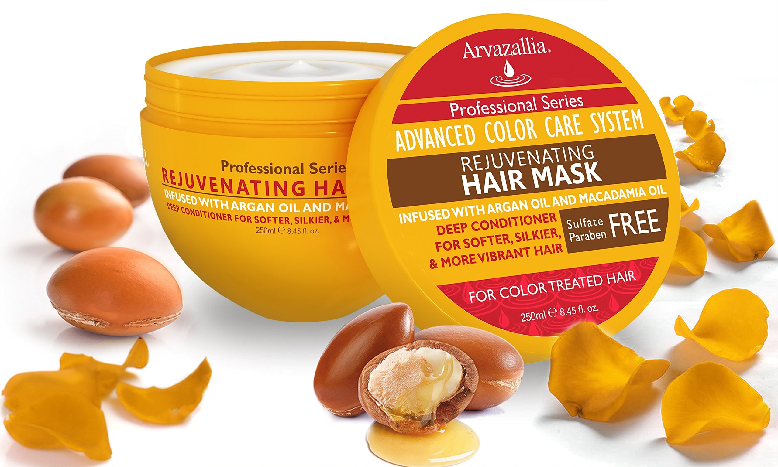 Application scene shows creamy mask being applied to color-treated hair for conditioning.