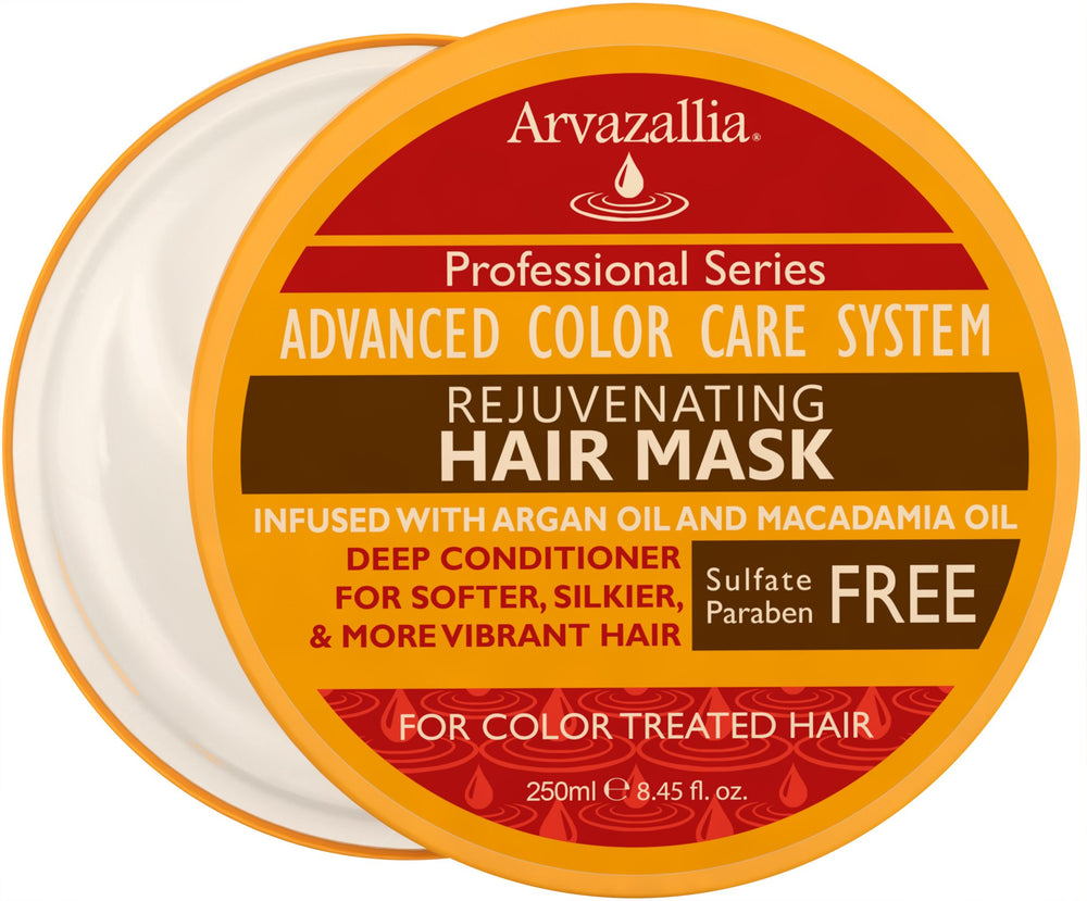 Arvazallia Rejuvenating Hair Mask bottle highlights sulfate-free formula for color-treated hair.