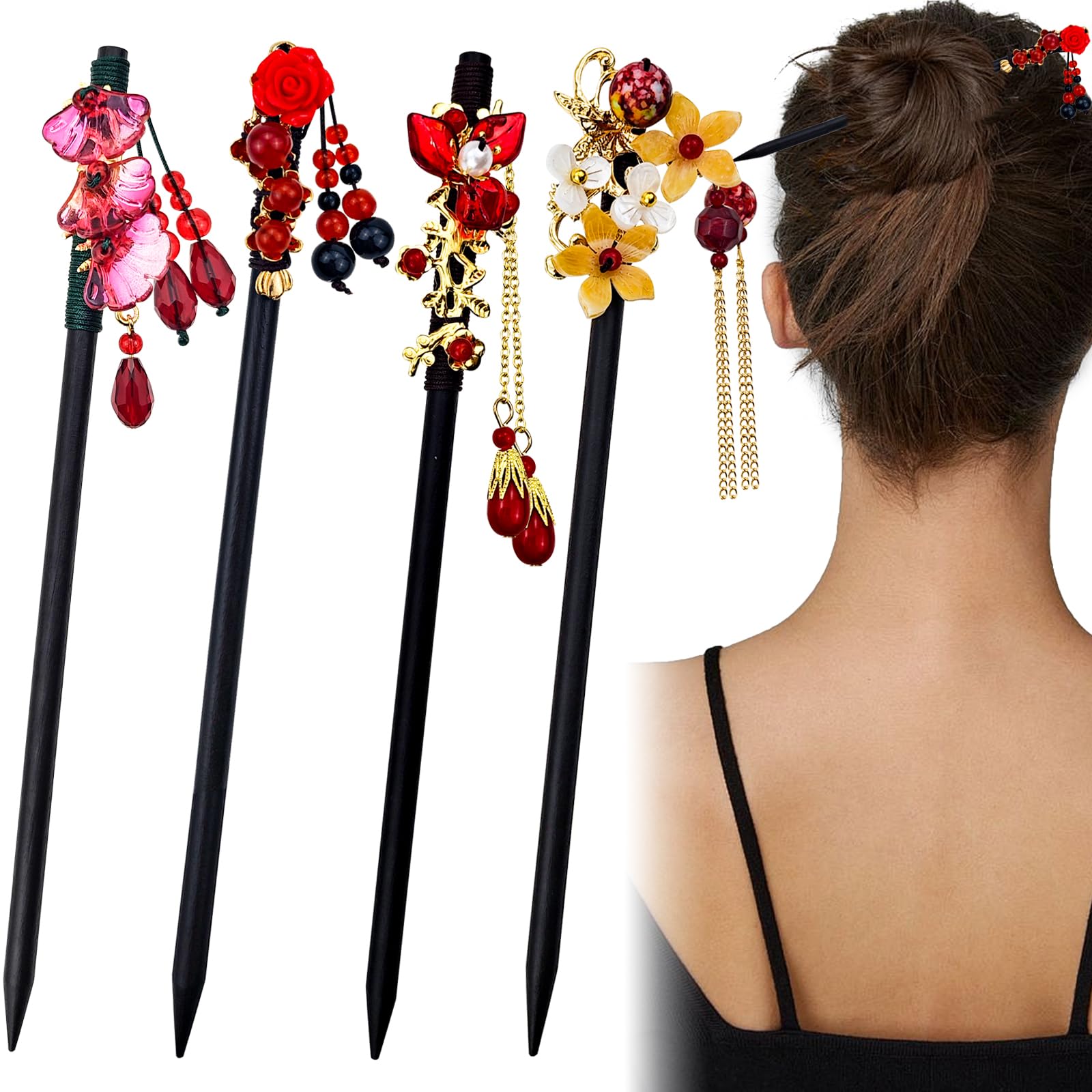 Arvintas wooden hair chopsticks with flower bead accents for elegant daily styling.