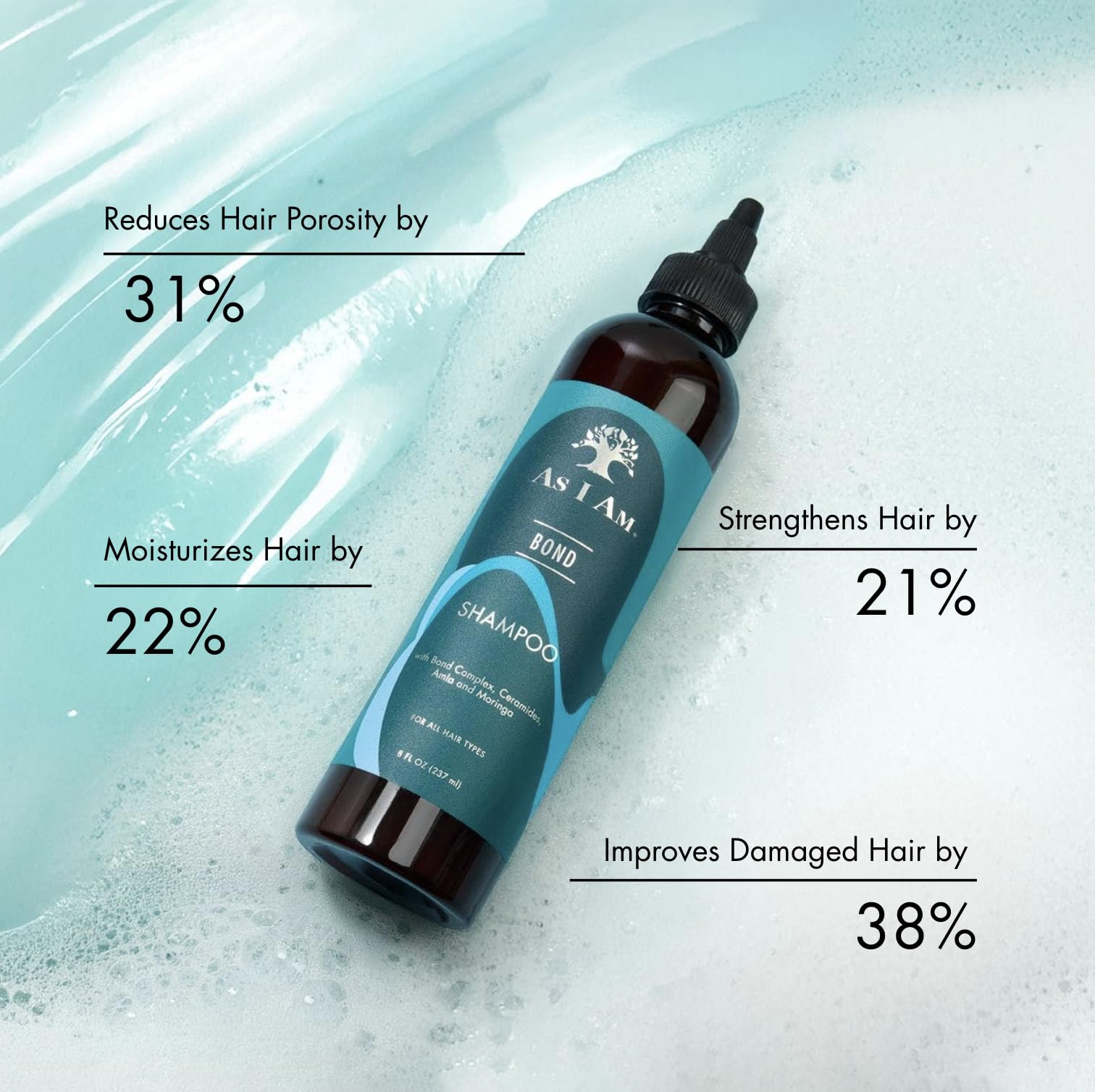 As I Am Bond Repair Shampoo, aplicación en manos para distribuir el producto con suavidad.