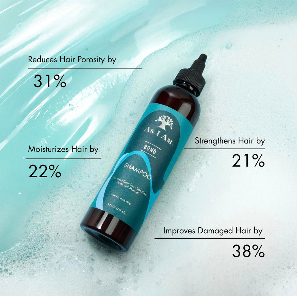 As I Am Bond Repair Shampoo, aplicación en manos para distribuir el producto con suavidad.