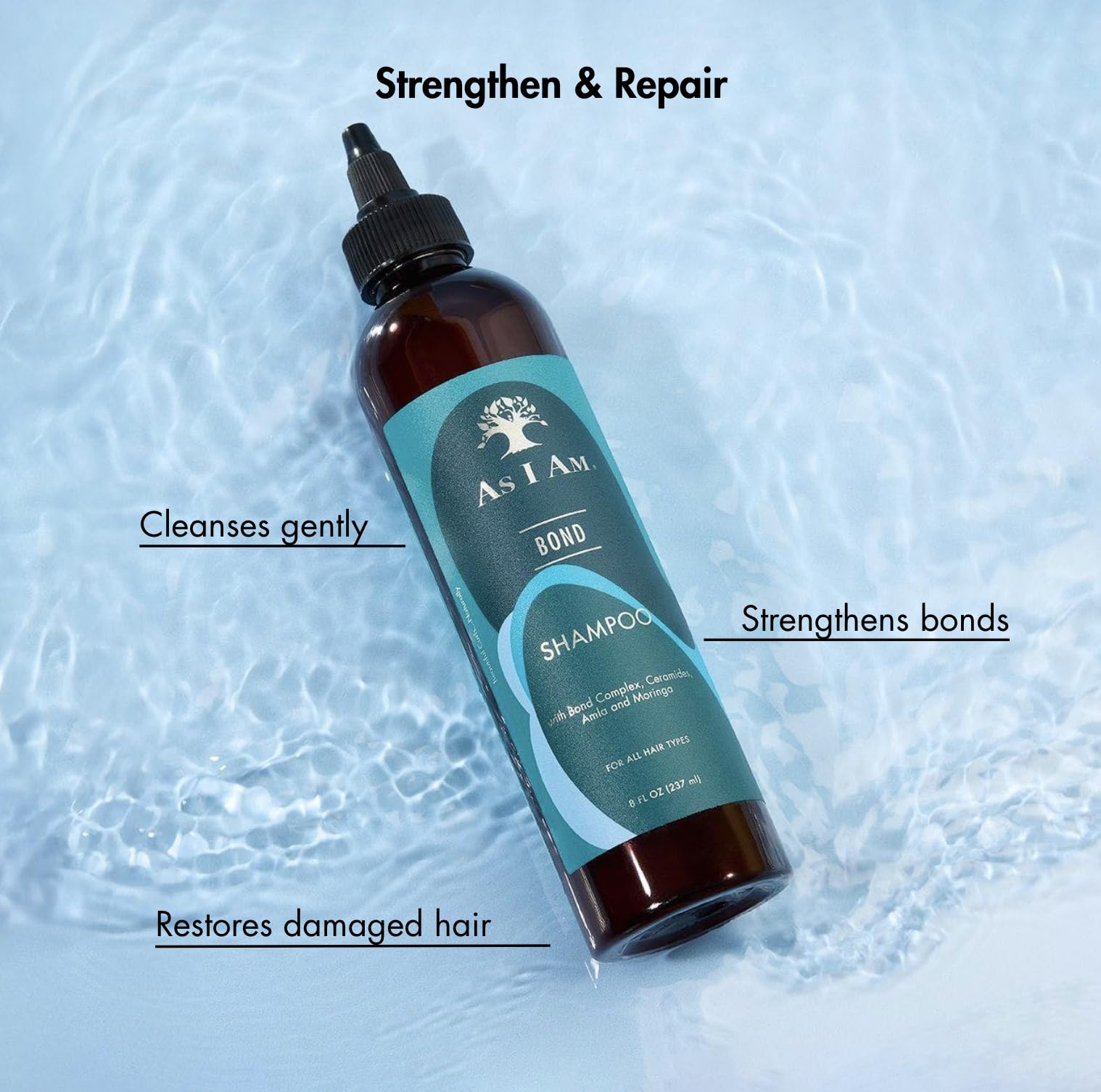 As I Am Bond Repair Shampoo, espuma cremosa que envuelve el cabello con limpieza suave.
