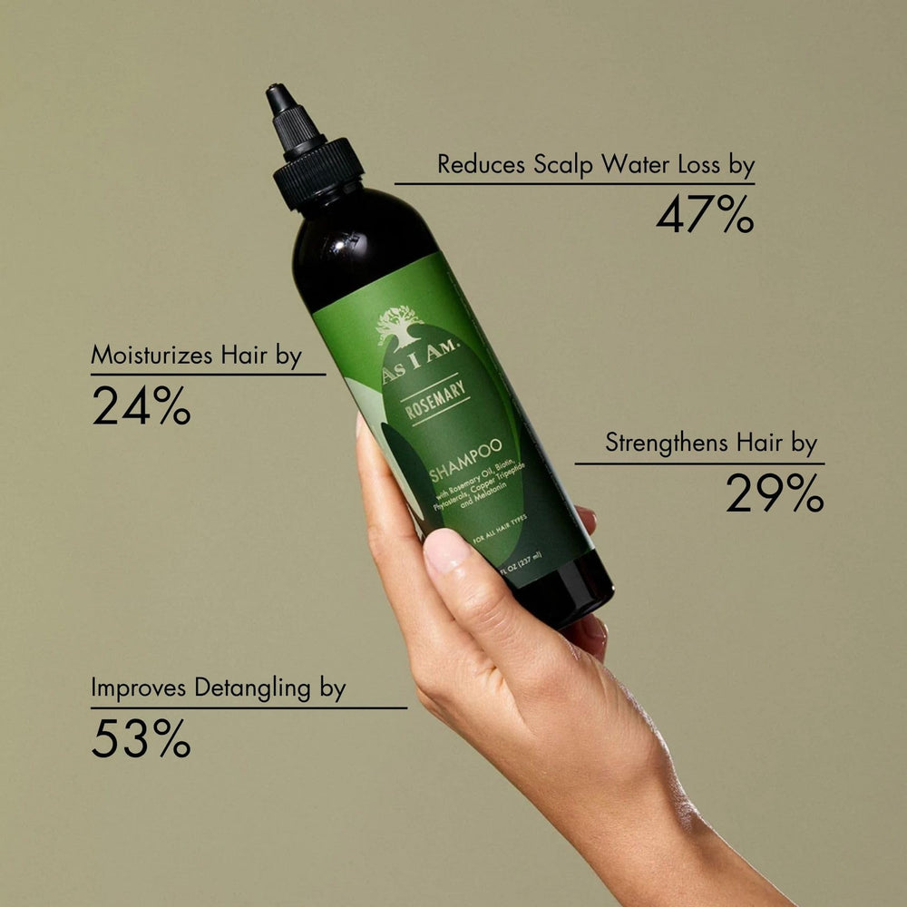 As I Am Rosemary Shampoo label closeup highlighting ingredients and branding