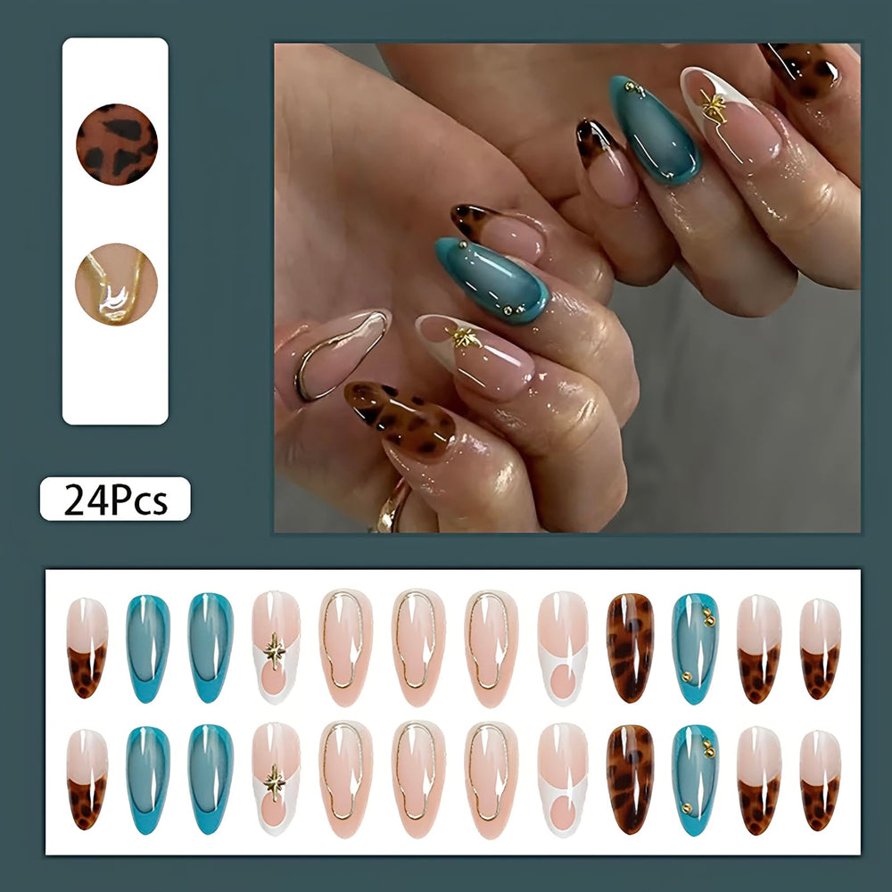 ASABITE close-up leopard design on almond nails for bold party-ready style.