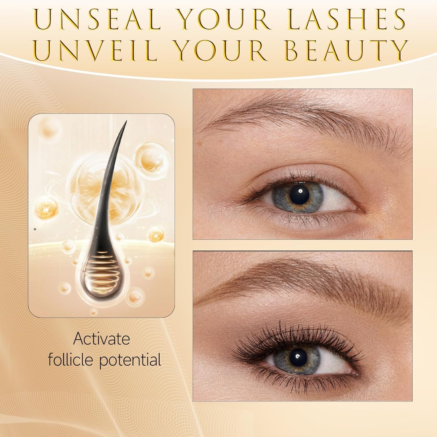 Close-up of ASAMO formula featuring 15 plant extracts for natural lash support