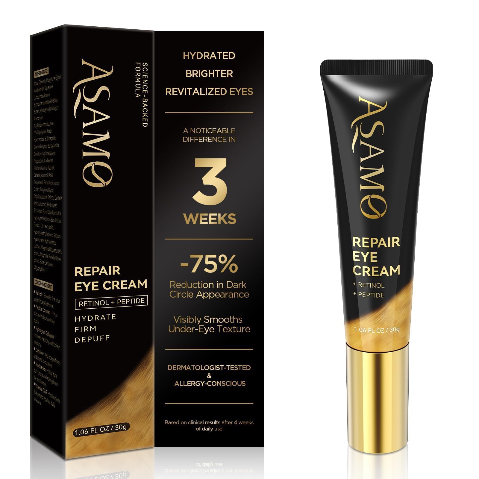 ASAMO crema para ojos con retinol, aplicación suave alrededor de los ojos.