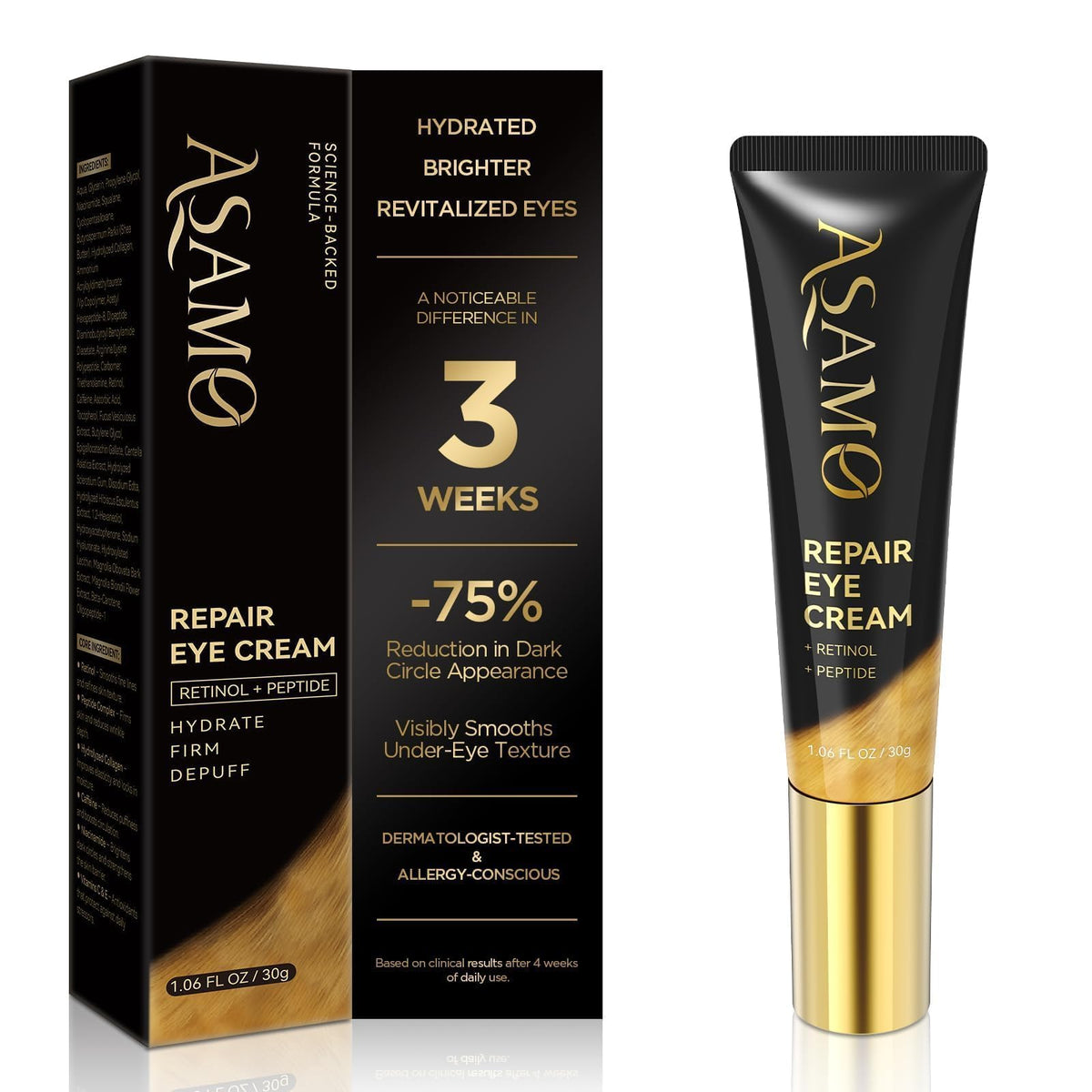ASAMO crema para ojos con retinol, aplicación suave alrededor de los ojos.