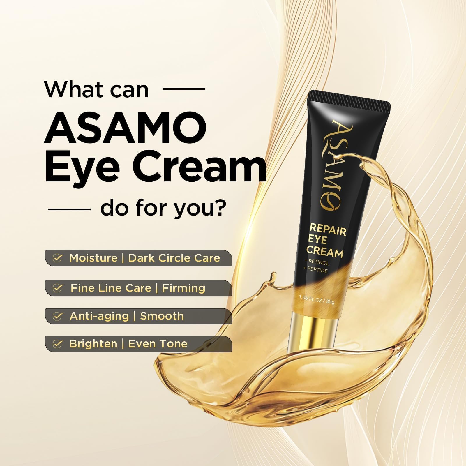 ASAMO crema para ojos, textura suave y rápida absorción.