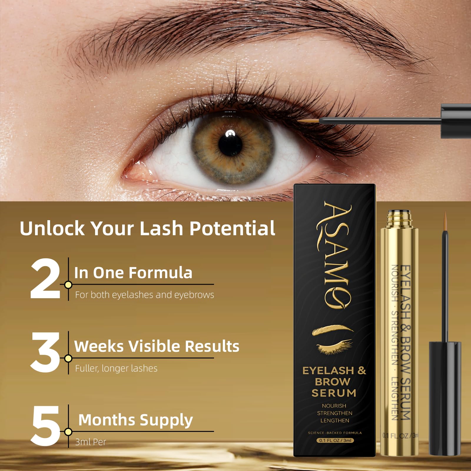 ASAMO daily application brush shown for precise nightly lash routine