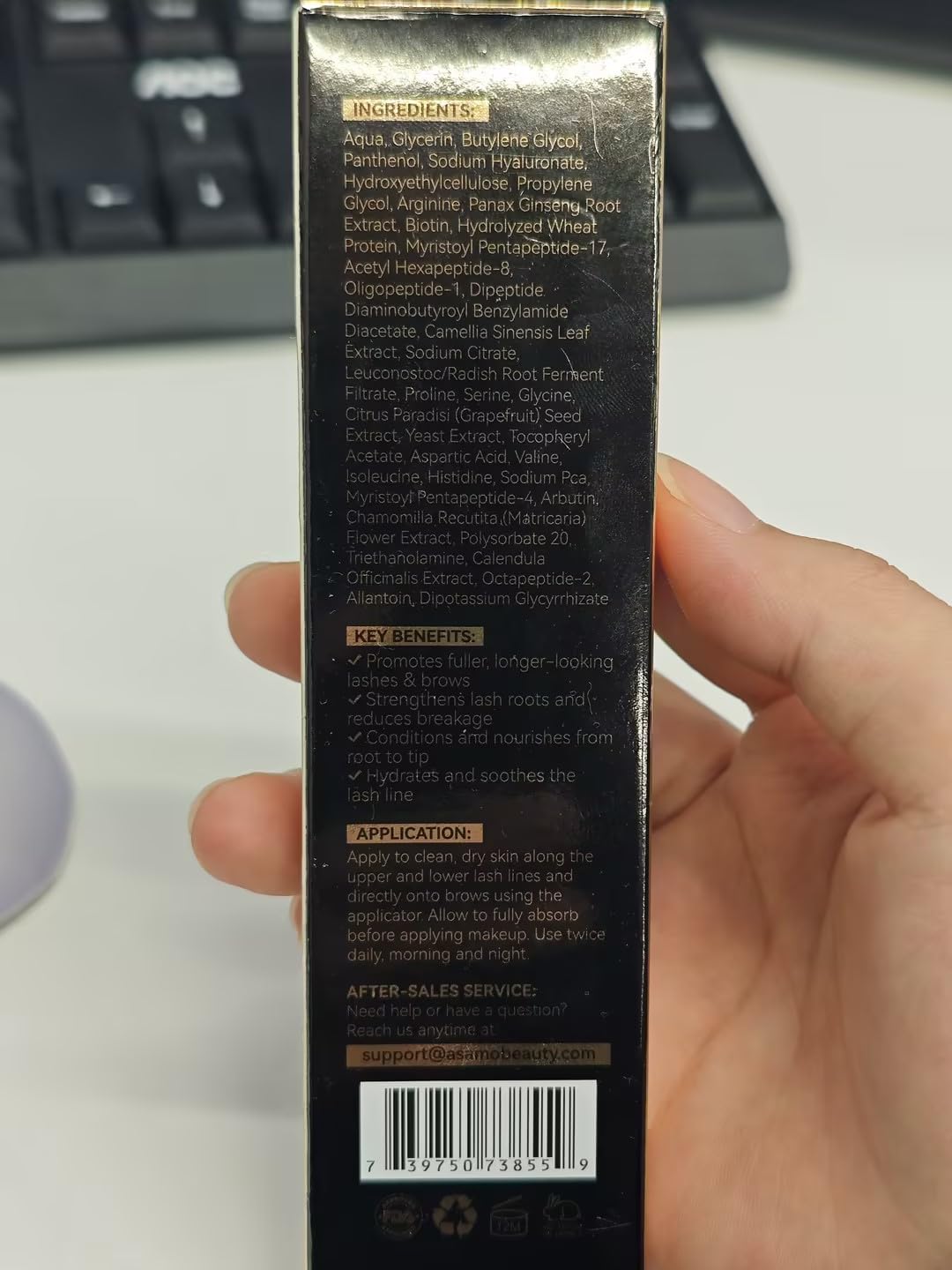 ASAMO elegant golden packaging on vanity adds upscale appeal