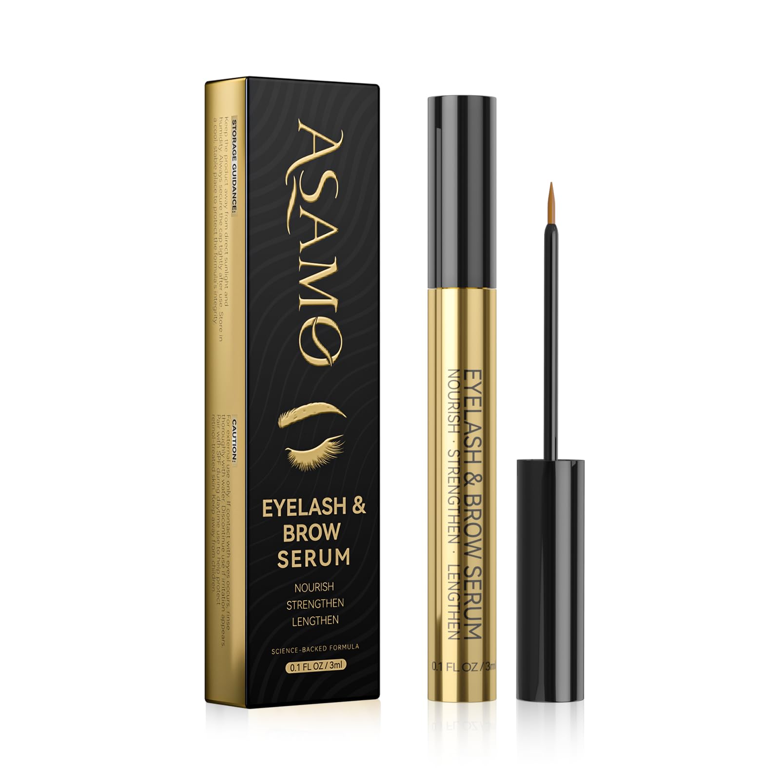 ASAMO eyelash eyebrow serum golden bottle on vanity for luxury lash care