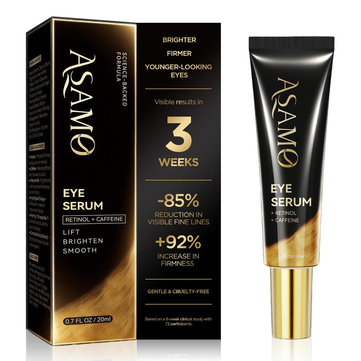 ASAMO retinol eye serum bottle for smoother under-eye skin.