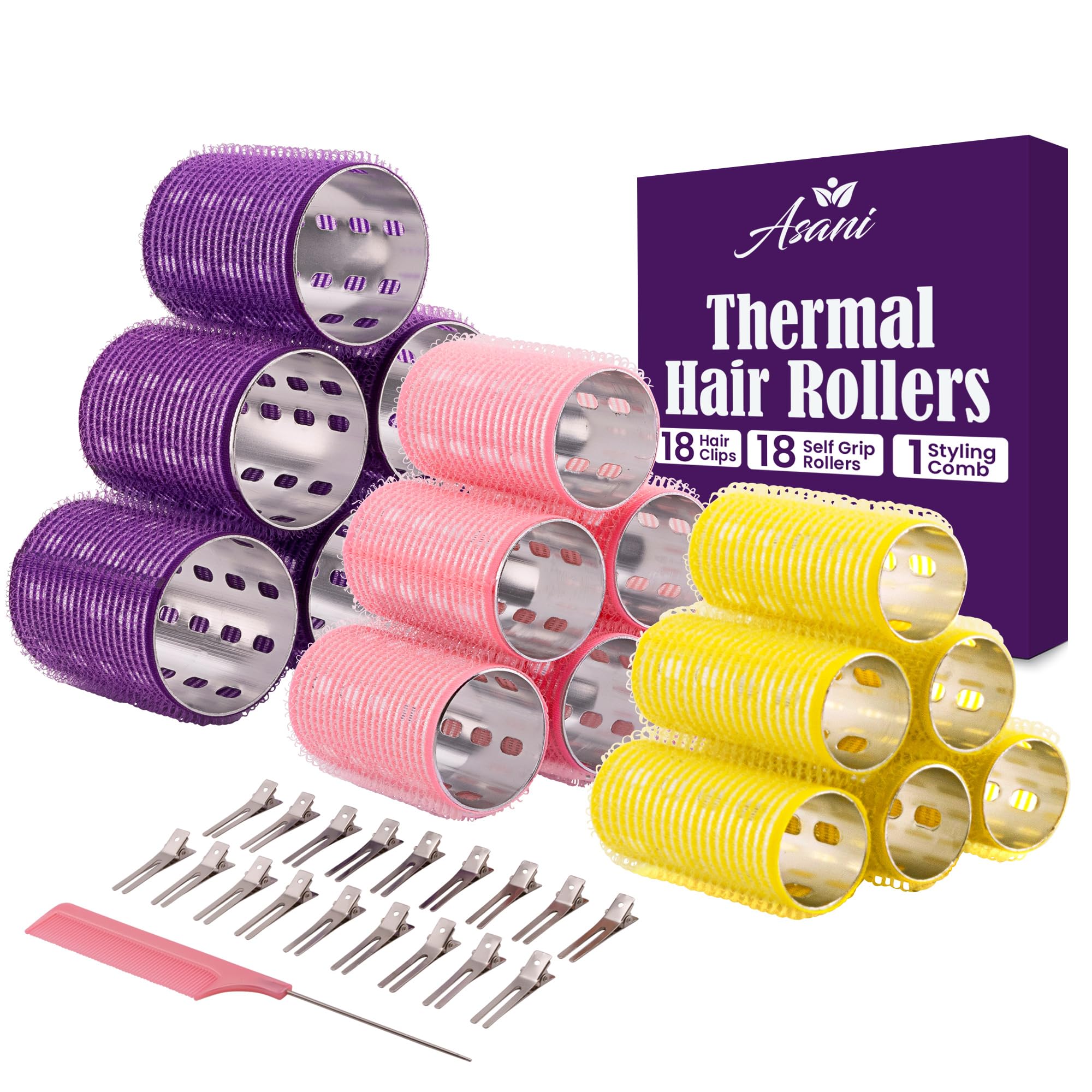 Asani Thermal Rollers set demonstrates versatile styling for various hair lengths.